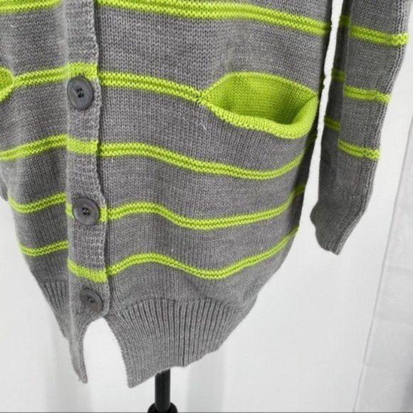 LUSH Button Front Gray & Lime Green Striped Cardigan Sweater with Pocket Small - Picture 2 of 8